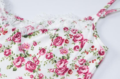 Sweetheart Neck Lace Trim Floral Print Side Slit Bodycon Midi Dress
