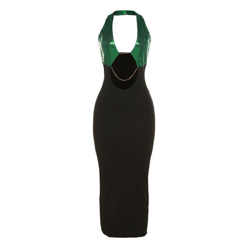 Halter Keyhole Sequin Bodice Chain Waist Cutout Bodycon Midi Dress