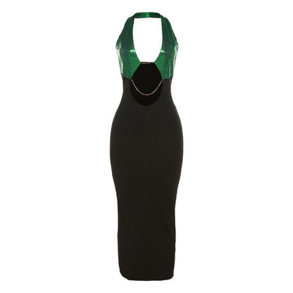 Halter Keyhole Sequin Bodice Chain Waist Cutout Bodycon Midi Dress