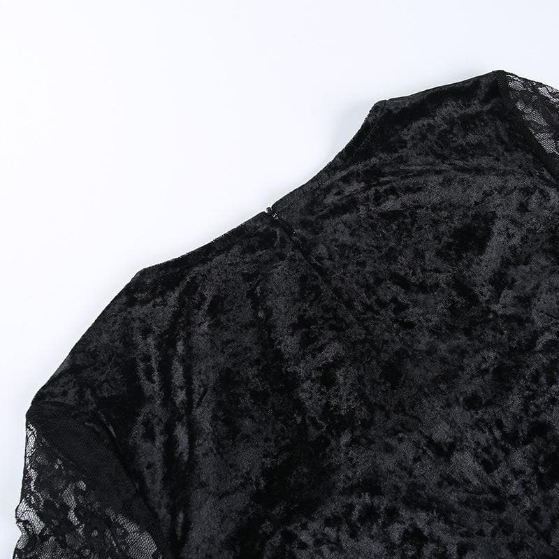 Square Neck Lace Overlay Chain Cross Crushed Velvet Bell Sleeve Midi Dress