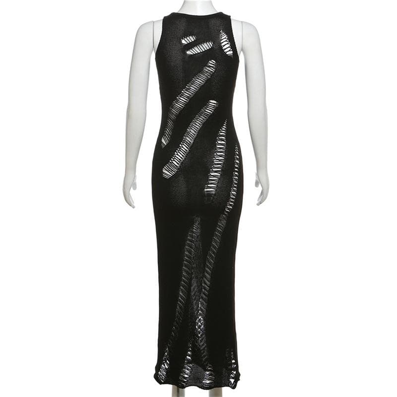 Crew Neck Slashed Ladder Knit Cutout Sleeveless Bodycon Maxi Dress