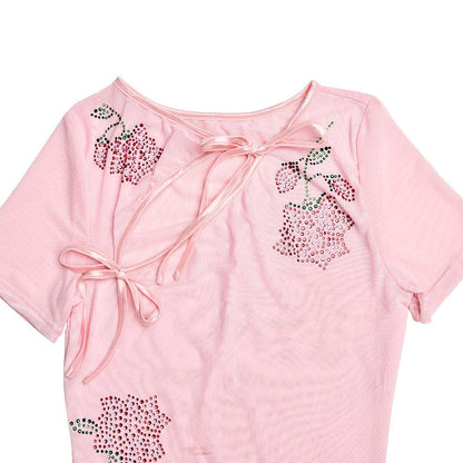 Floral Rhinestone Mesh Ribbon Cutout Short Sleeve Mini Dress