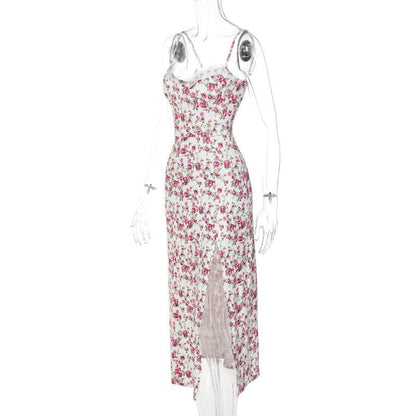 Sweetheart Neck Lace Trim Floral Print Side Slit Bodycon Midi Dress