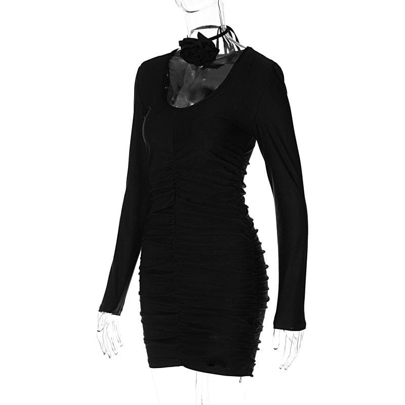 Ruched Long Sleeve Flower Applique U Neck Mini Dress