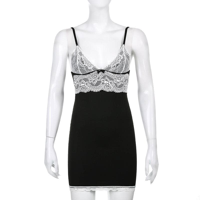 Lace Bow V Neck Cami Floral Embroidery Empire Waist Mini Dress