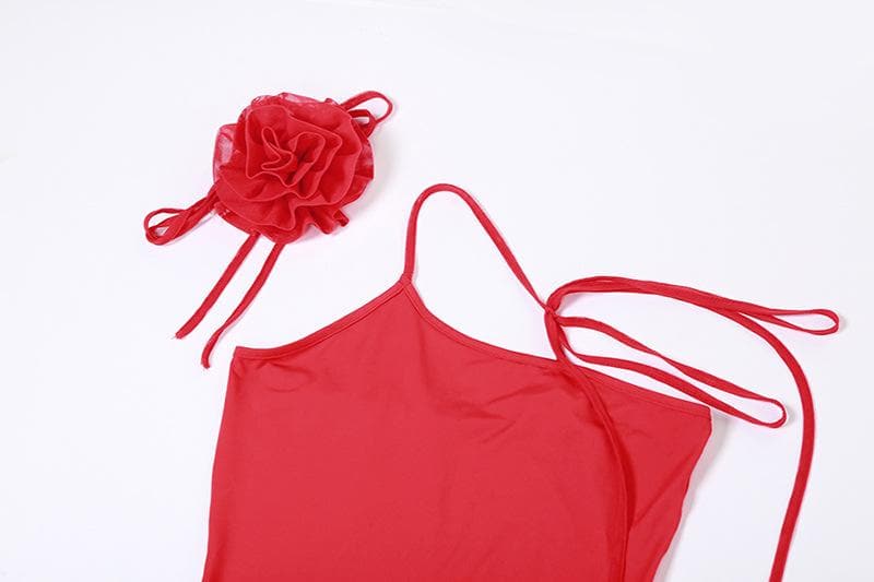 One Shoulder Flower Choker Ruffle Trim High Slit Ribbed Maxi Dress