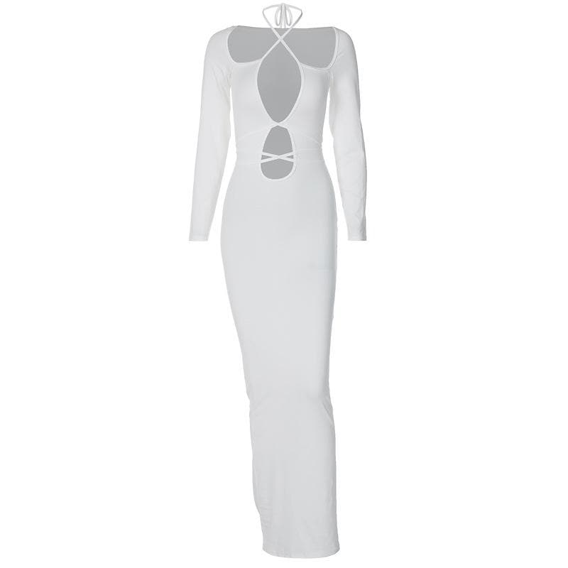 Halter Crisscross Strap Cold Shoulder Ladder Cutout Maxi Dress