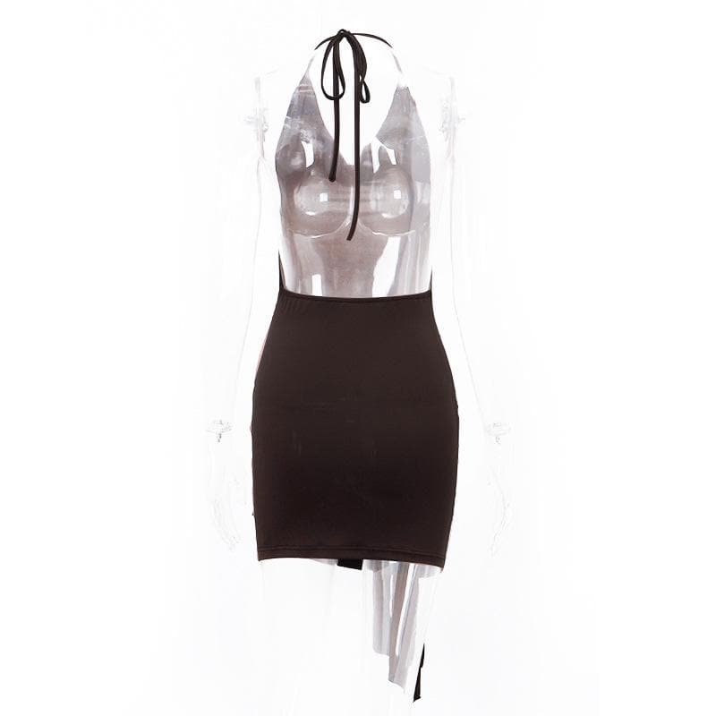 Cowl Neck Halter Ruched Buckle Side Drape Mini Dress