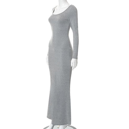 Scoop Neck Long Sleeve Mermaid Hem Knit Bodycon Maxi Dress