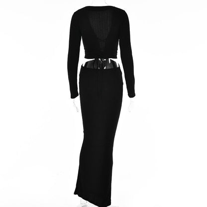Ribbed Long Sleeve Deep V Neck Waist Cutout Lace Up Maxi Dress