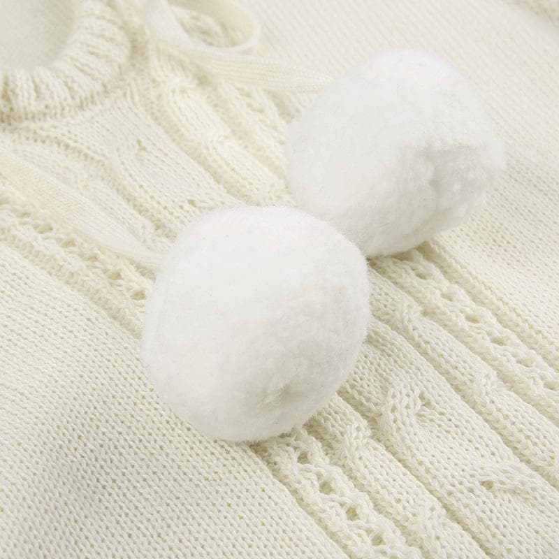 Cable Knit Hooded Pom Drawstring Long Sleeve Mini Dress