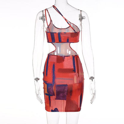 Abstract Painterly Print One Shoulder Waist Cutout Bodycon Mini Dress