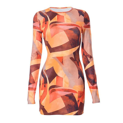 Abstract Geometric Print Long Sleeve Crew Neck Bodycon Mini Dress