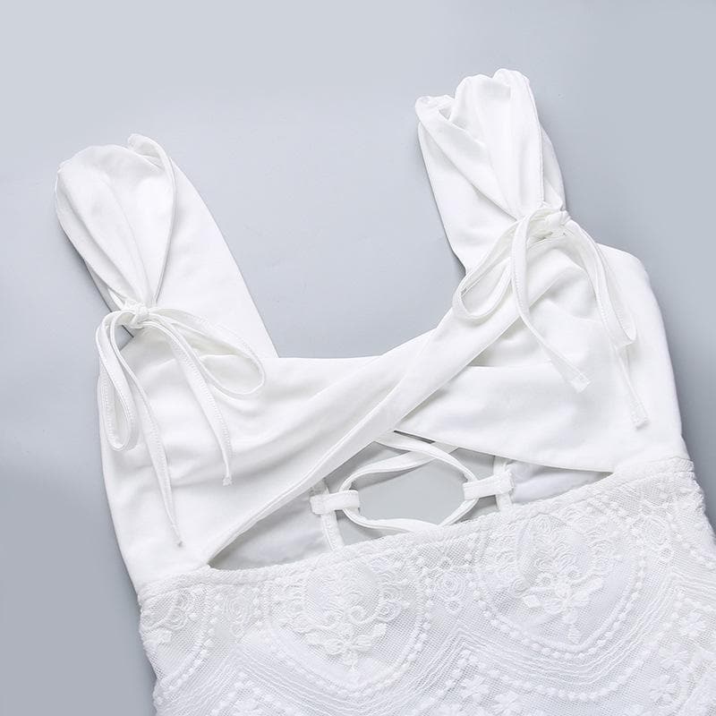 Tie Shoulder Lace Bodice Cutout Lace-Up Medallion Lace Mini Dress