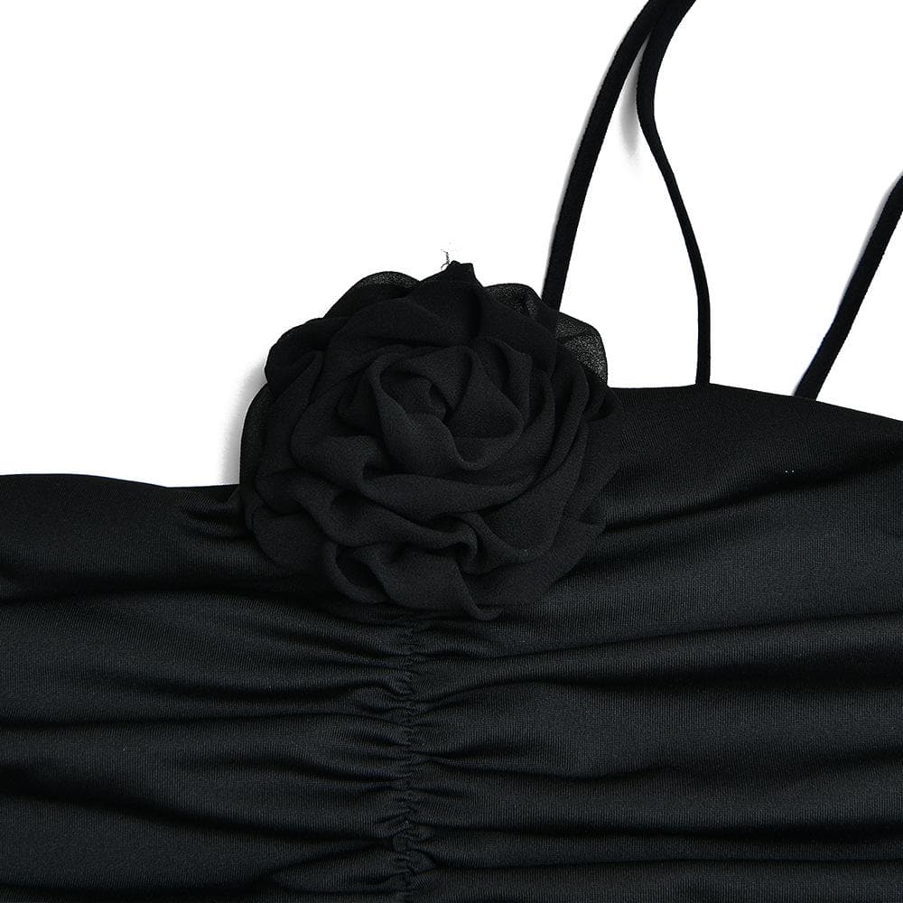 One Shoulder Flower Applique Ruched Zip Maxi Dress
