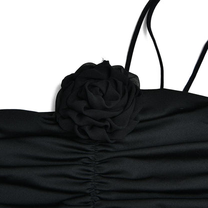 One Shoulder Flower Applique Ruched Zip Maxi Dress