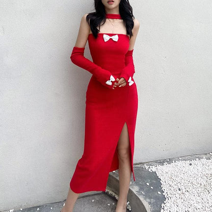 Ribbed Tube Bow Applique Side Slit Detachable Sleeve Midi Dress
