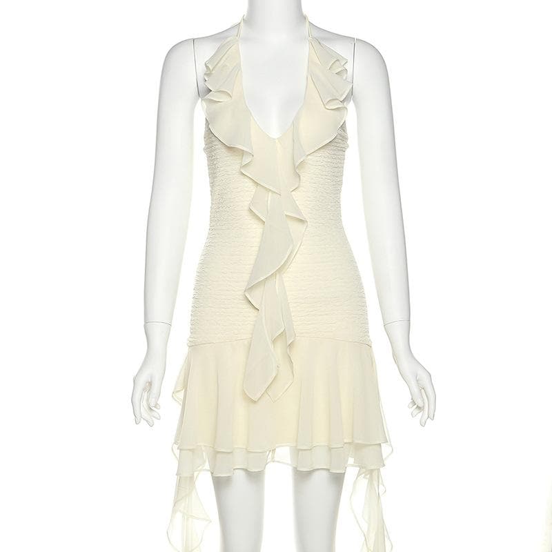 Halter Plunging Ruffle Front Ruched Tiered Asymmetric Mini Dress