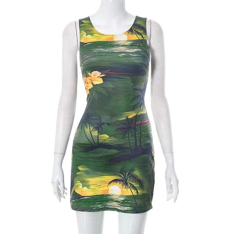 Round Neck Sleeveless Tropical Landscape Print Bodycon Mini Dress