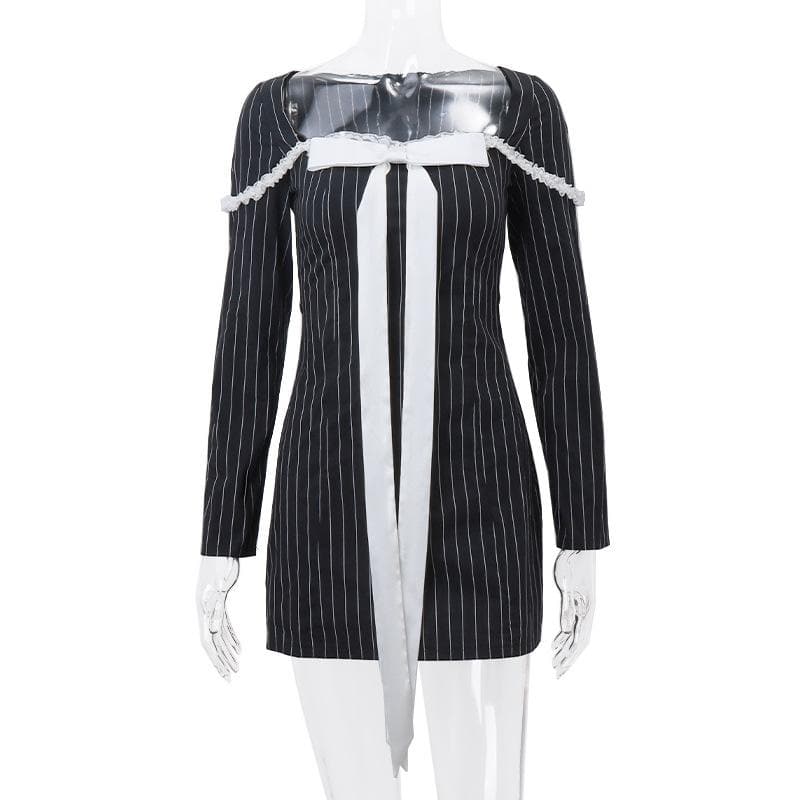 Square Neck Pinstripe Lace Trim Oversized Bow Long Sleeve Mini Dress