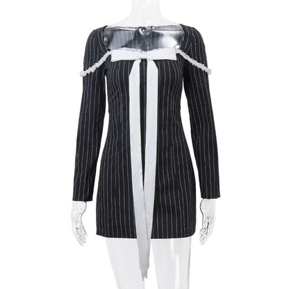 Square Neck Pinstripe Lace Trim Oversized Bow Long Sleeve Mini Dress