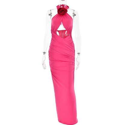 Halter Neck Flower Applique Cutout Cross Front Contrast Ruched Maxi Dress