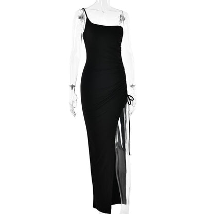 One Shoulder Side Ruched Drawstring High Slit Maxi Dress