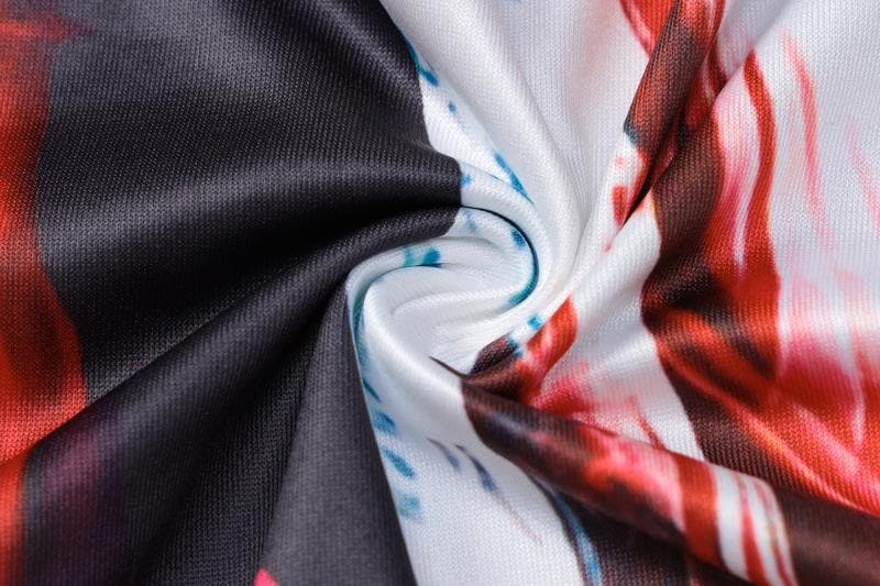 Round Neck Abstract Print Flower Applique Ribbon Sash Ruched Maxi Dress