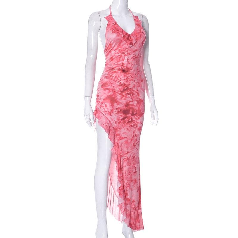 Halter Neck Ruched Watercolor Print Ruffle Trim Side Slit Maxi Dress