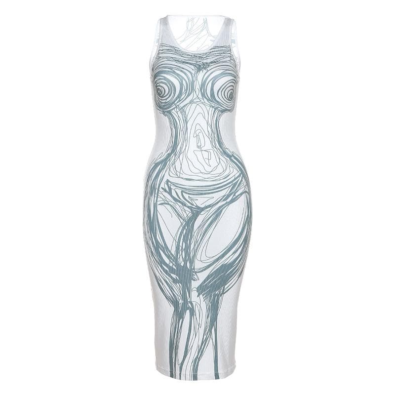 Abstract Figure Line Art Scoop Neck Tank Bodycon Midi Dress