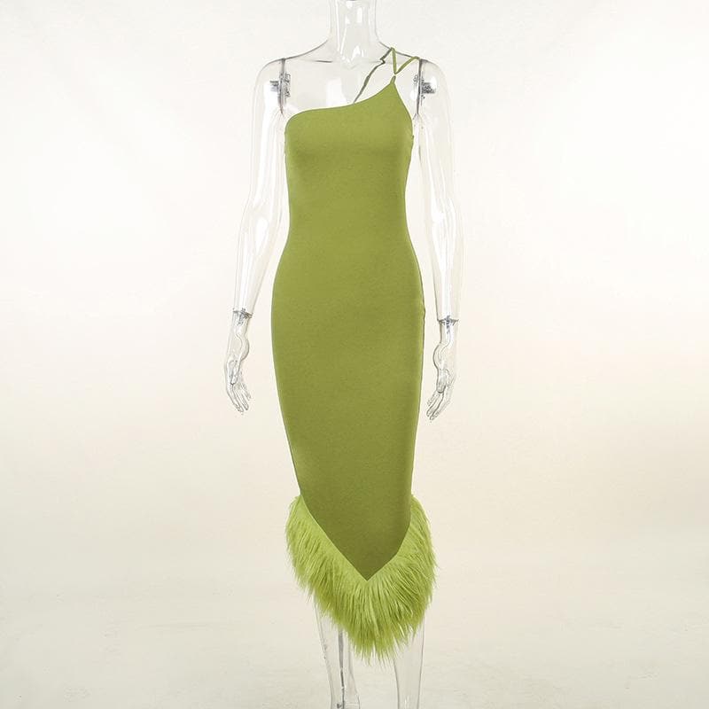 One Shoulder Fringe Trim Asymmetric Hem Bodycon Midi Dress