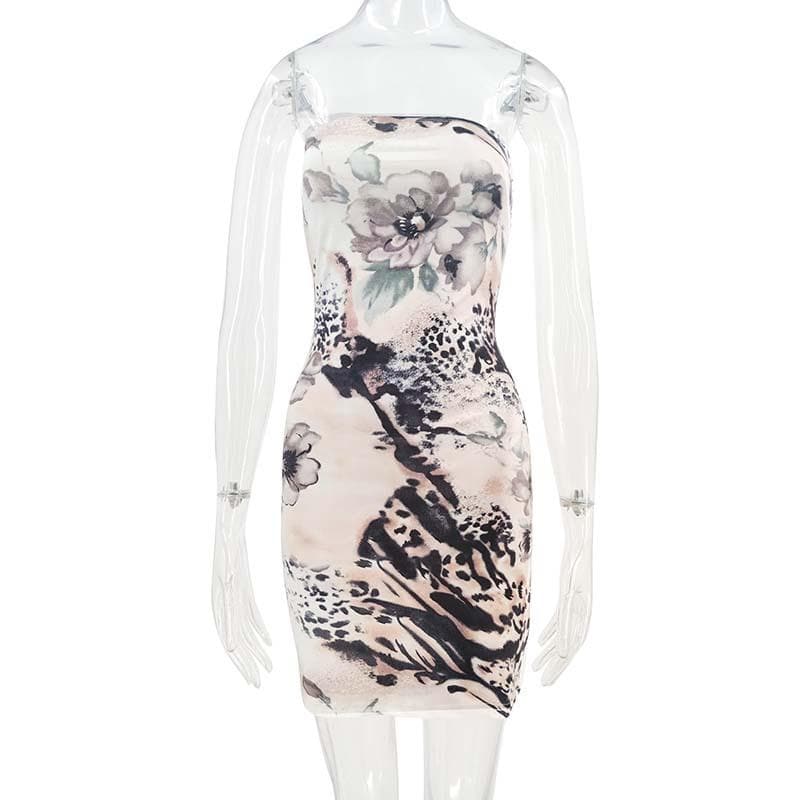 Mixed Floral Print Strapless Tube Bodycon Mini Dress