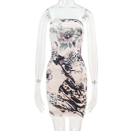Mixed Floral Print Strapless Tube Bodycon Mini Dress