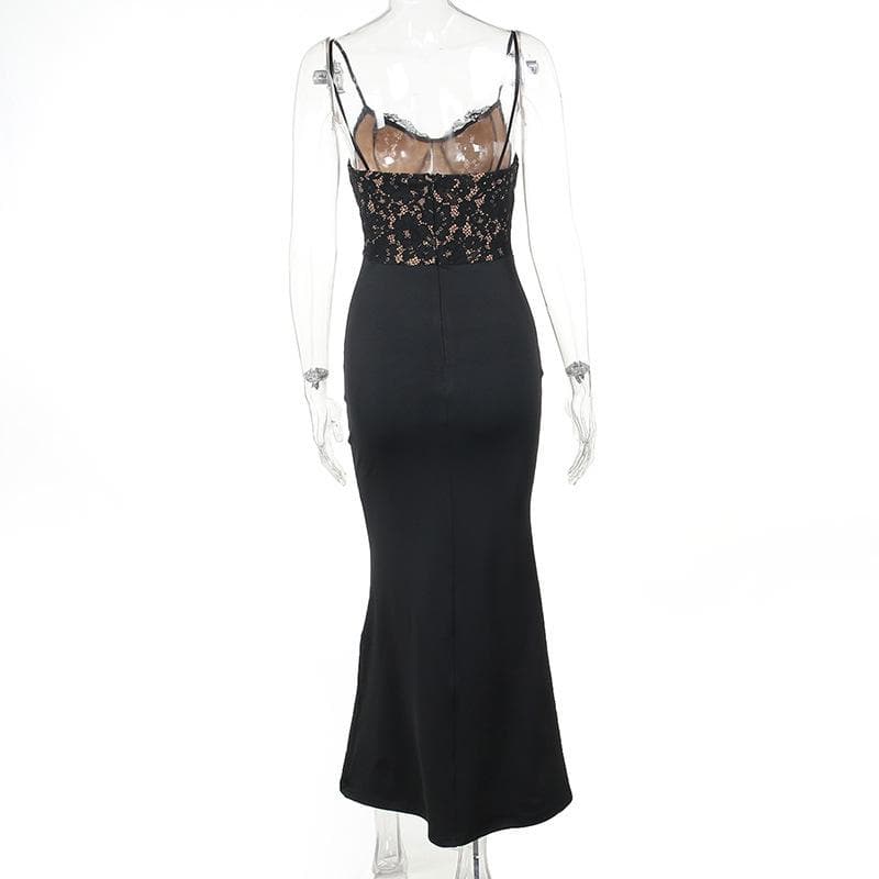 Sweetheart Neck Lace Overlay Spaghetti Strap Mermaid Maxi Gown