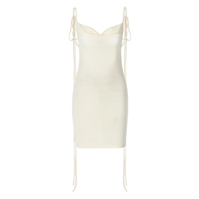 Cowl Neck Velvet Ribbon Tie Shoulder Bodycon Mini Dress