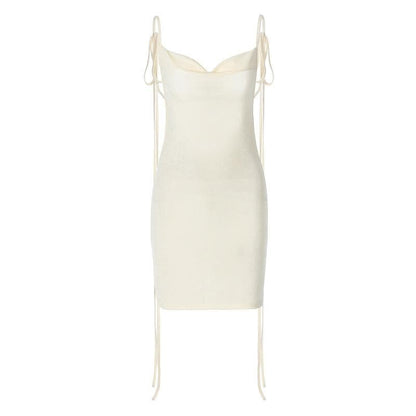 Cowl Neck Velvet Ribbon Tie Shoulder Bodycon Mini Dress