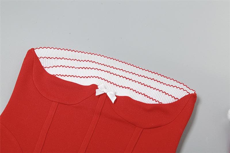 Strapless Corset Rib Knit Bust Bow Detached Sleeve Mini Dress Set