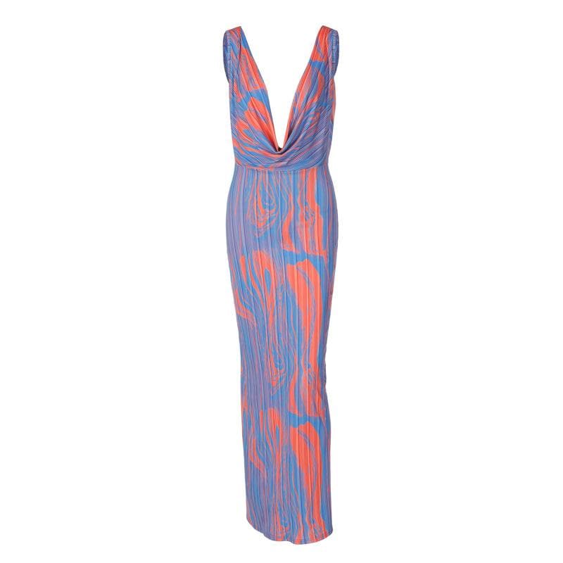 Spaghetti Strap Cowl Neck Abstract Marbled Print Bodycon Maxi Dress