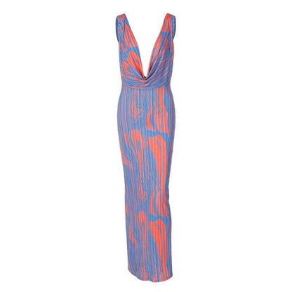 Spaghetti Strap Cowl Neck Abstract Marbled Print Bodycon Maxi Dress
