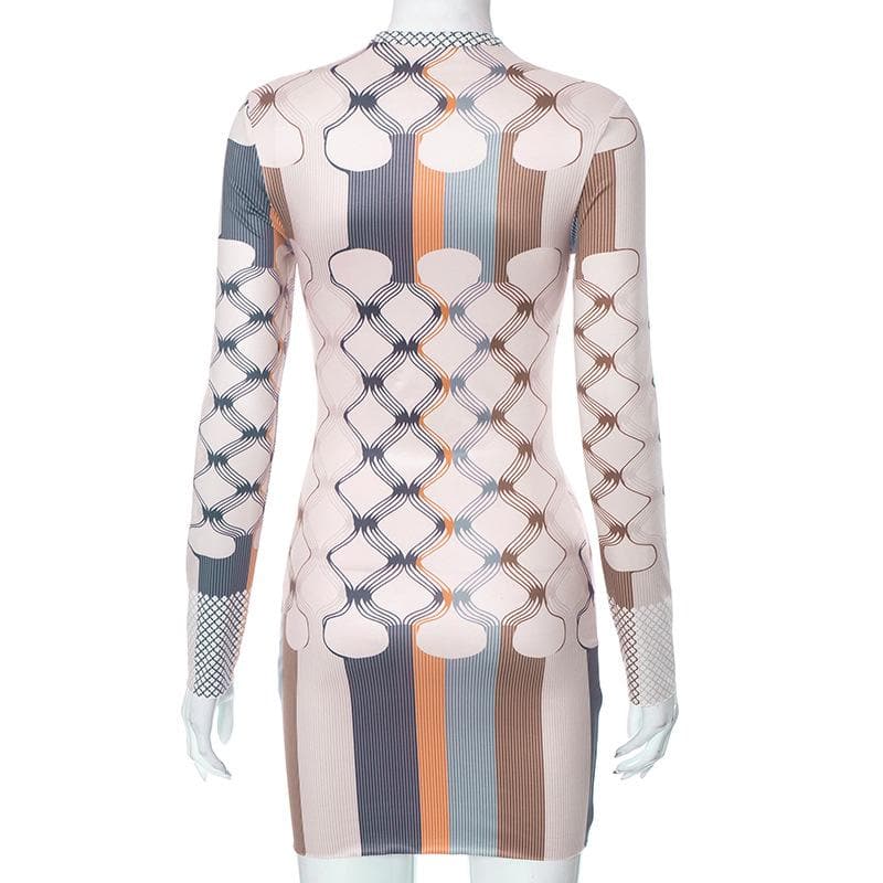 Mock Neck Long Sleeve Geometric Print Bodycon Mini Dress