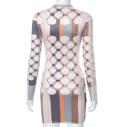 Mock Neck Long Sleeve Geometric Print Bodycon Mini Dress