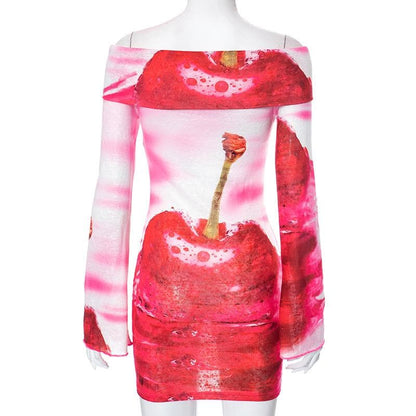 Off Shoulder Long Sleeve Graphic Tie Dye Bodycon Mini Dress