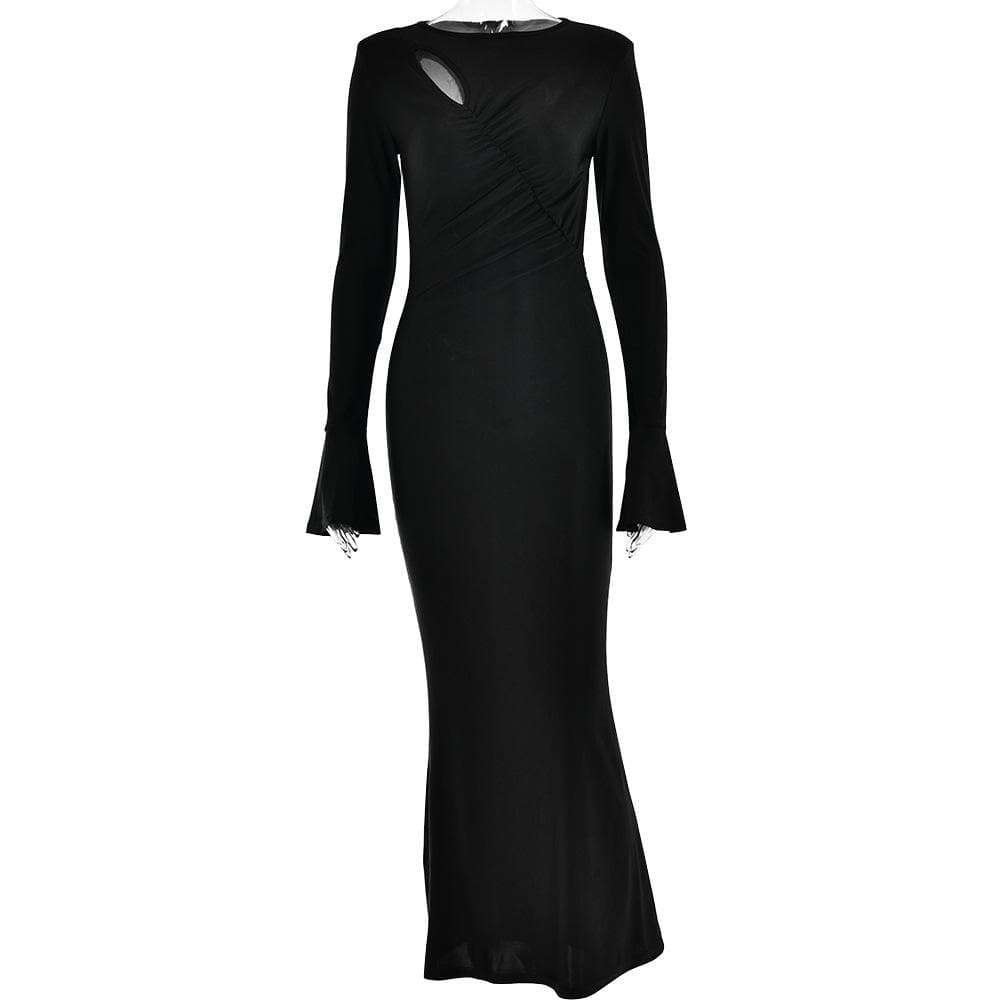 Round Neck Chest Cutout Bell Sleeve Ruched Bodycon Maxi Gown