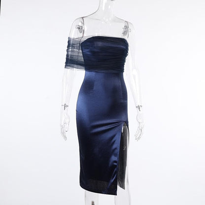 Strapless Mesh Overlay Ruched Side Panel Slit Midi Dress