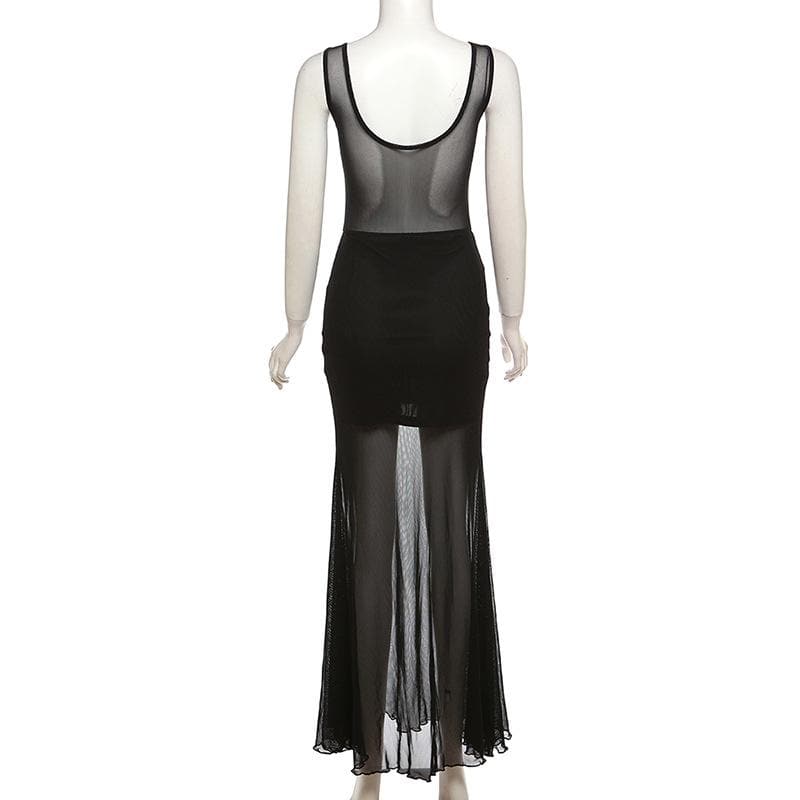 Thick Strap Heart Cup Mesh Panel Sleeveless Column Maxi Dress