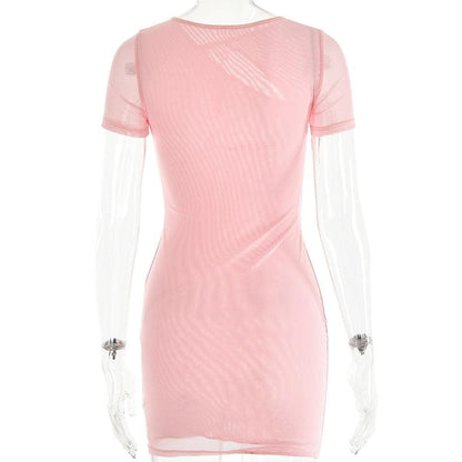 Floral Rhinestone Mesh Ribbon Cutout Short Sleeve Mini Dress