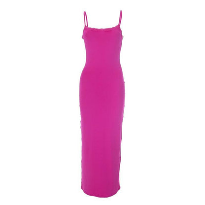 Square Neck Lace Trim Spaghetti Strap Backless Bodycon Maxi Dress