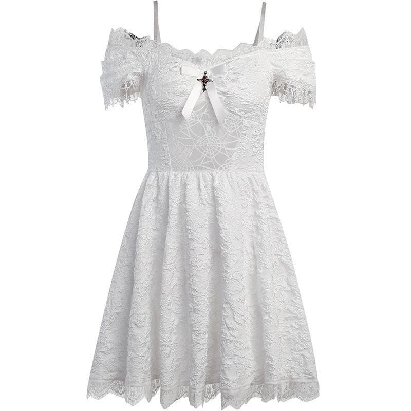 Hollow Out Off Shoulder Short Sleeve Crucifix Applique Bowknot Lace Hem Mini Dress