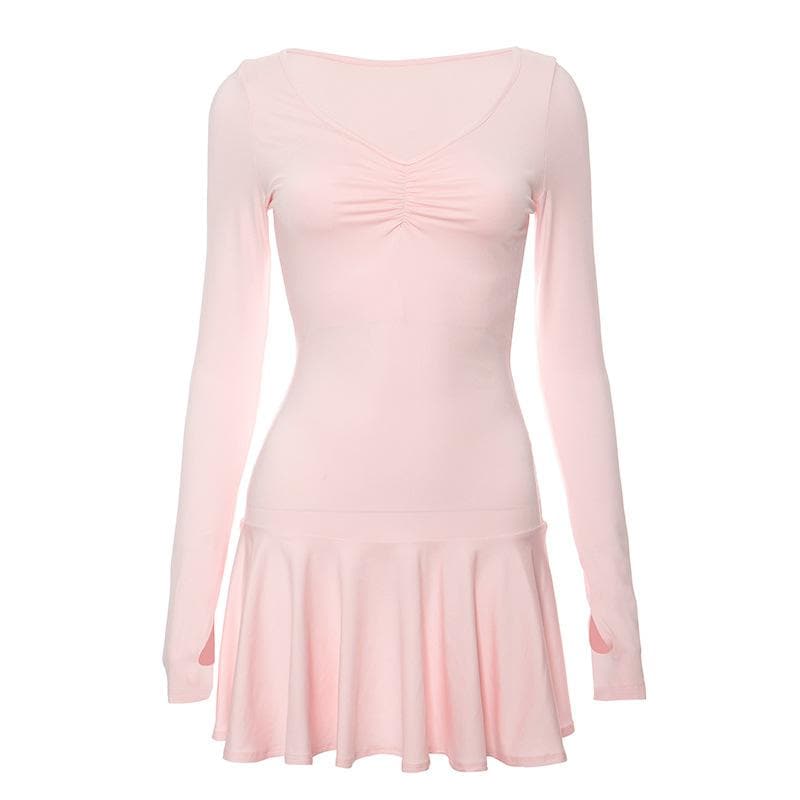 Deep V Ruched Glove Sleeve Ruffle Trim Mini Dress