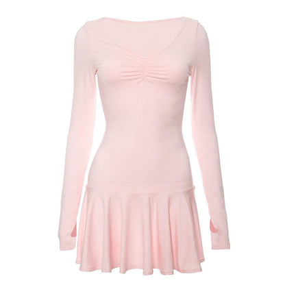 Deep V Ruched Glove Sleeve Ruffle Trim Mini Dress